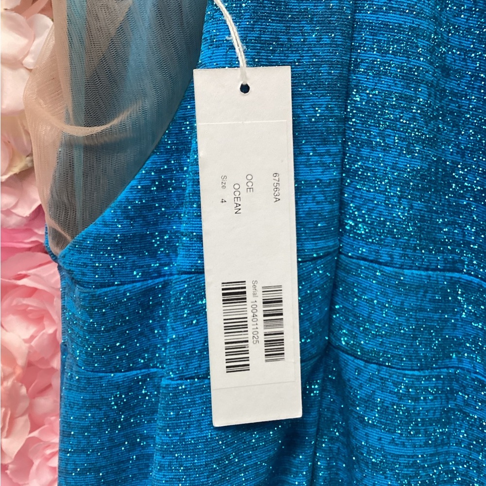 Jovani 67563 Size 4 Ocean Blue High Neck With Mesh Long Dress With Train NWT - Picture 5 of 6